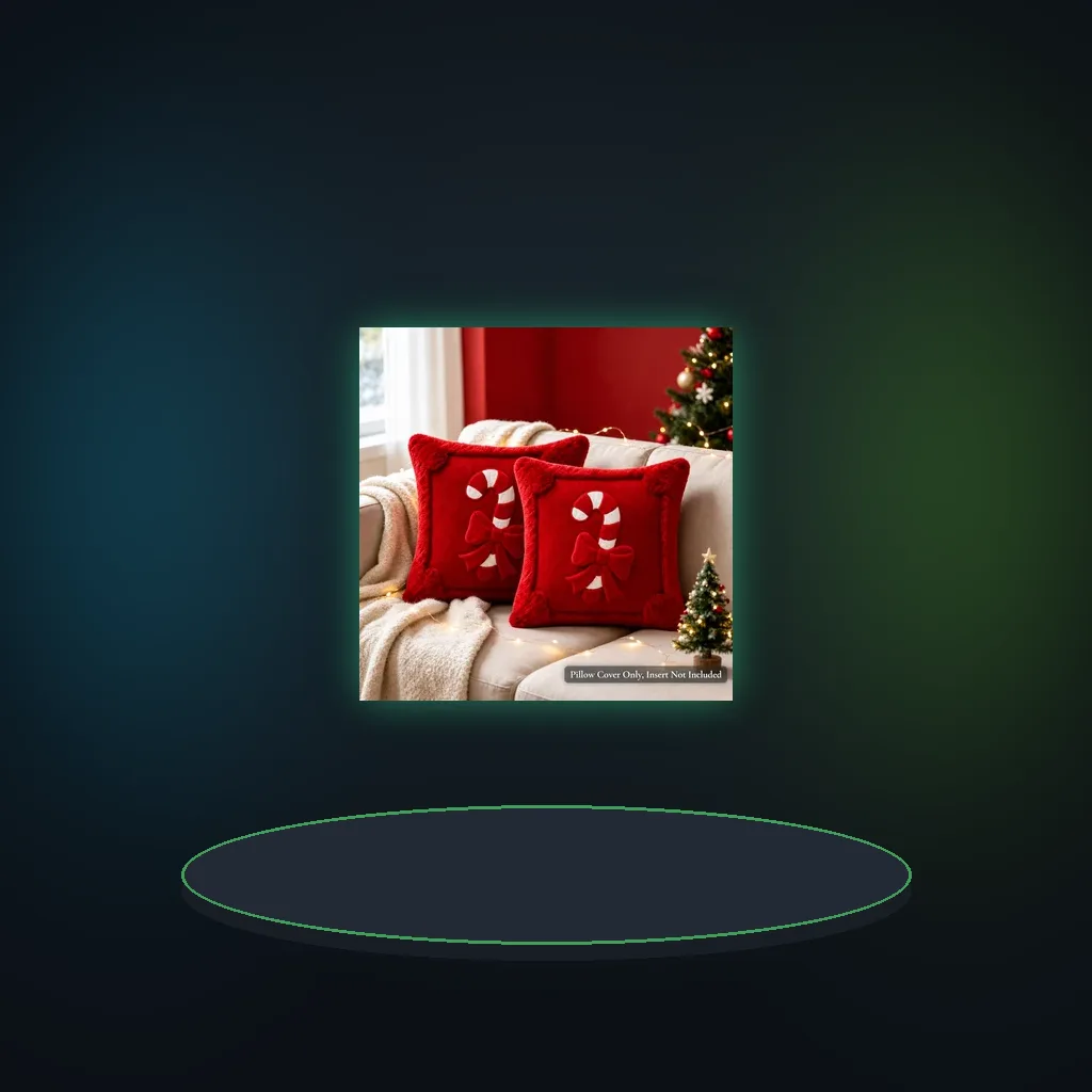 Candy Cane Christmas Throw Pillow Cover, Red Faux Fur Plush‑Look Xmas Cushion Case, Bow Winter Holiday Sofa Home Décor