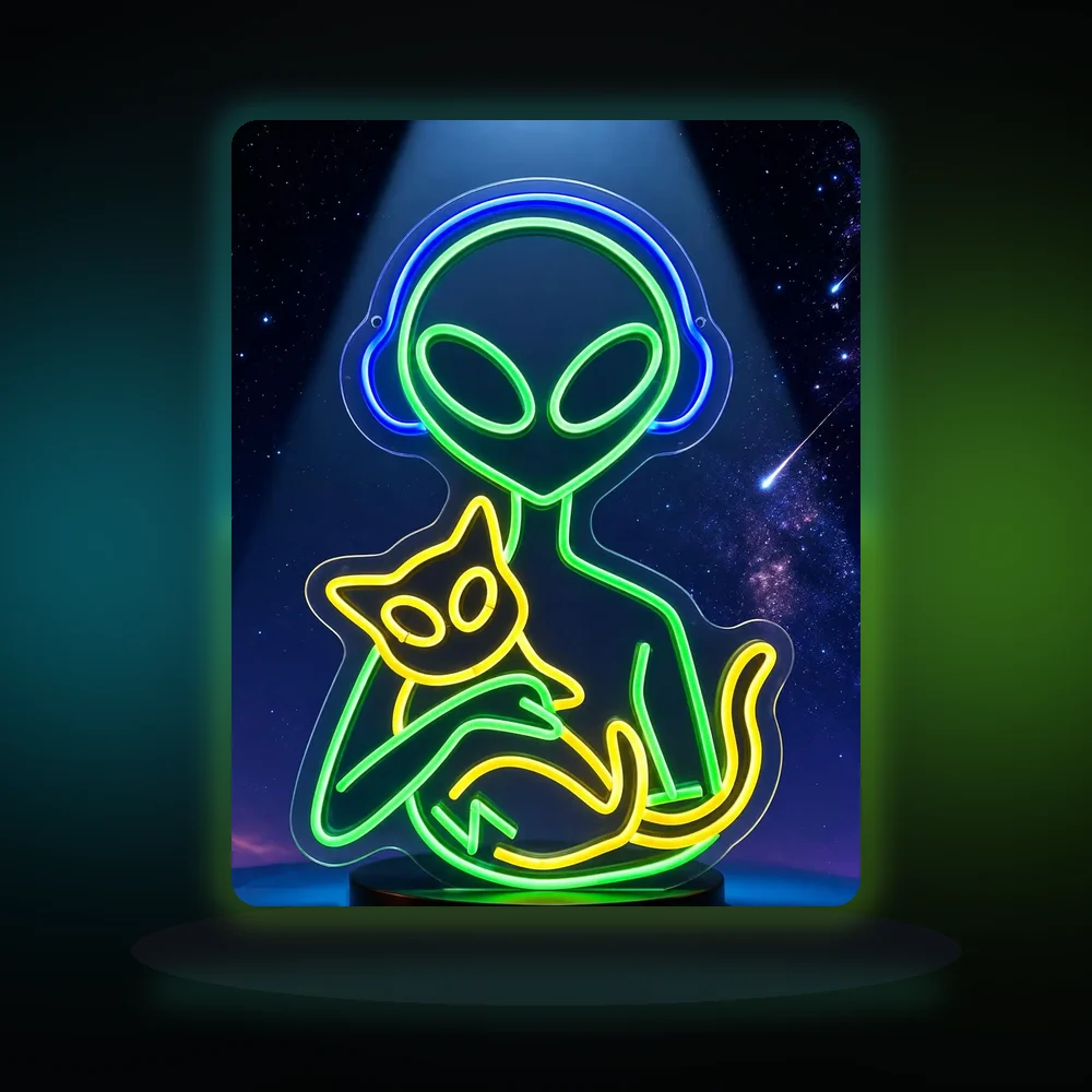 Alien Holding Cat Neon Sign Dimmable LED Light For Gaming Room Man Cave Bar Sci Fi Bedroom Party Wall Decoration Gifts For Kids