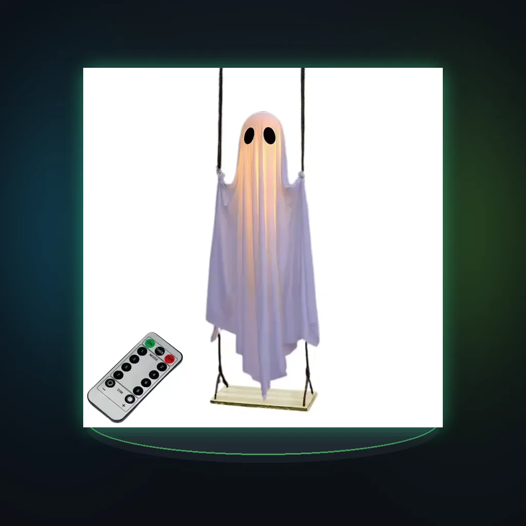 Large Hanging Swing Ghost Halloween Decoration Cute White Ghost with String Light Spooky Ghost Ornament for Porch Yard Trees