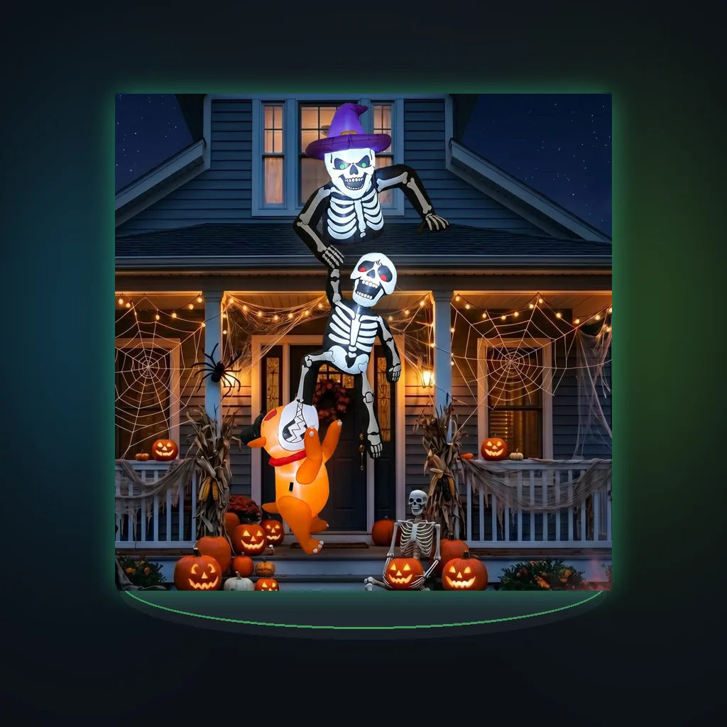 8FT Outdoor Inflatable Halloween Decoration Skeleton with Dog Biting Climbing Design for Patios Rooftops And Parties