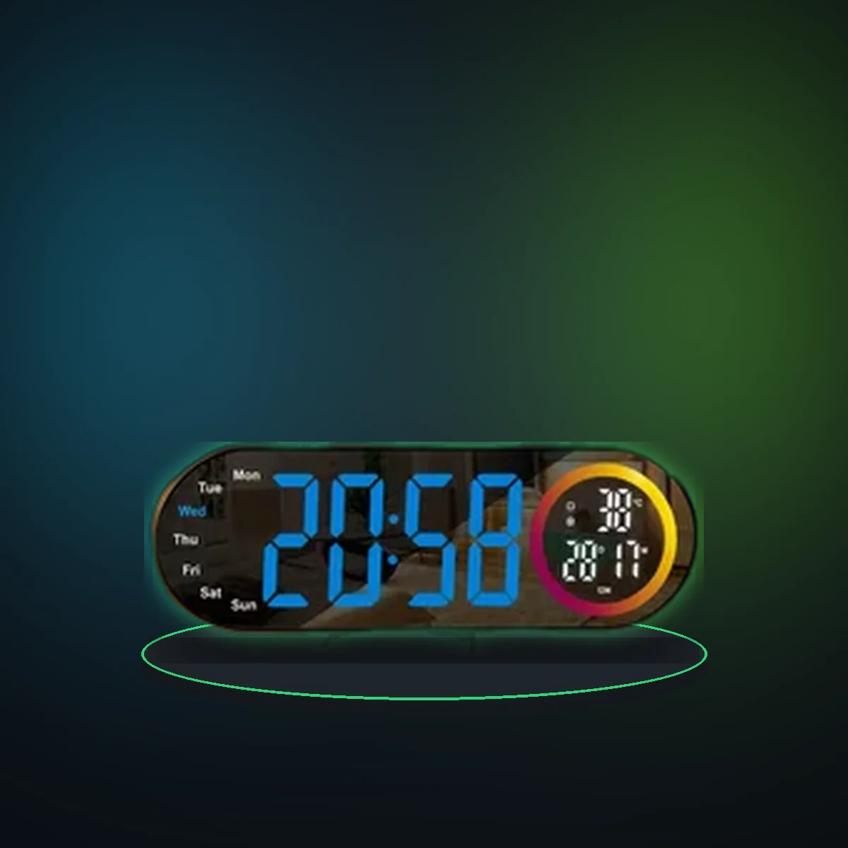RGB Color Digital Alarm Clock Large LED Mirror Display Temperature Humidity Week Date Dimmable Brightness Bedroom Desk Clock