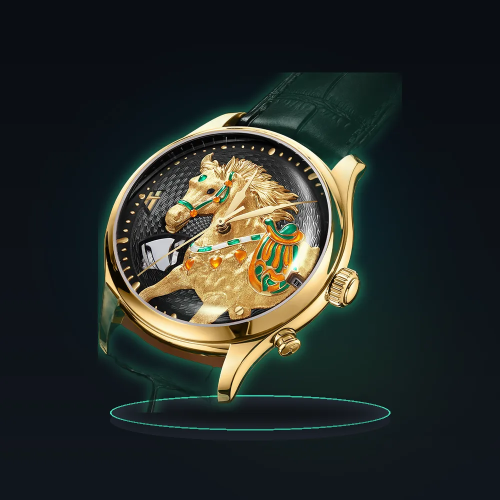 Lucky Harvey Hand-Carved Micro-Engraved Horse Year Automatic Mechanical Movement Watch Limited Edition Watches for Men
