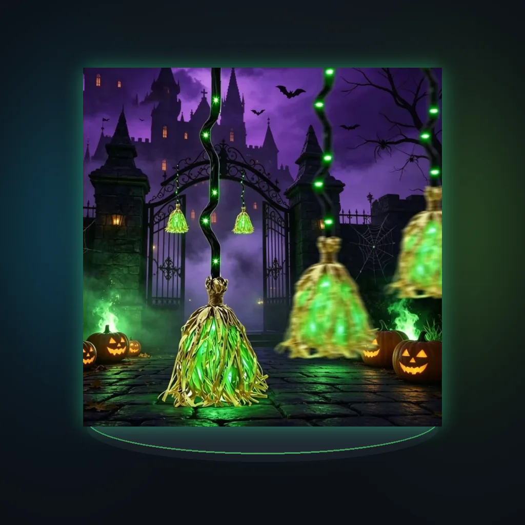 Halloween Glowing Magic Witch Broom with Sound Effects Auto Jumping Broomstick Haunted House Escape Room Party Indoor Decoration