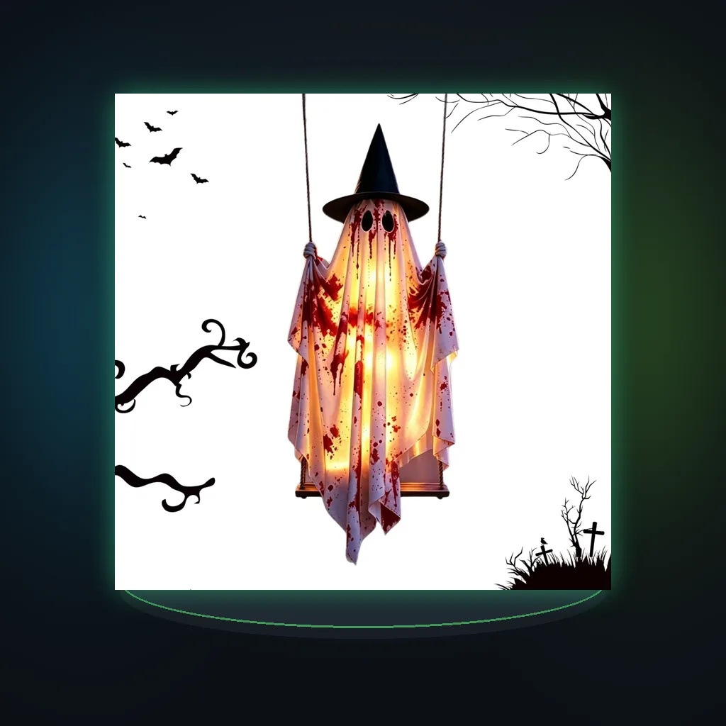Outdoor Halloween Decoration, 5Ft Large Hanging Ghost Swing, Bloody Witch Swing Ghost Pendant, With Remote Control String Lights