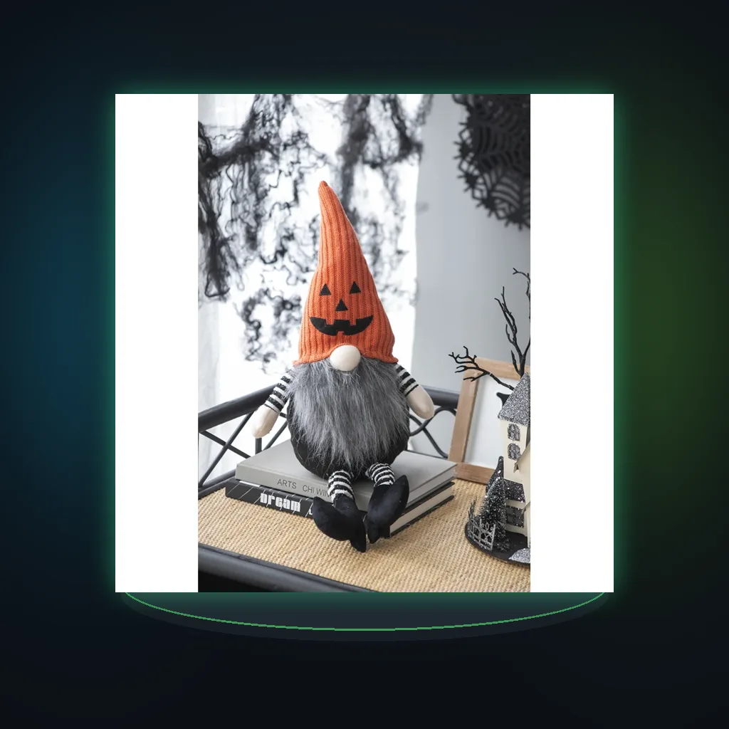 Fabric Sitting Gnome with Orange Knit Hat, for Halloween Décor