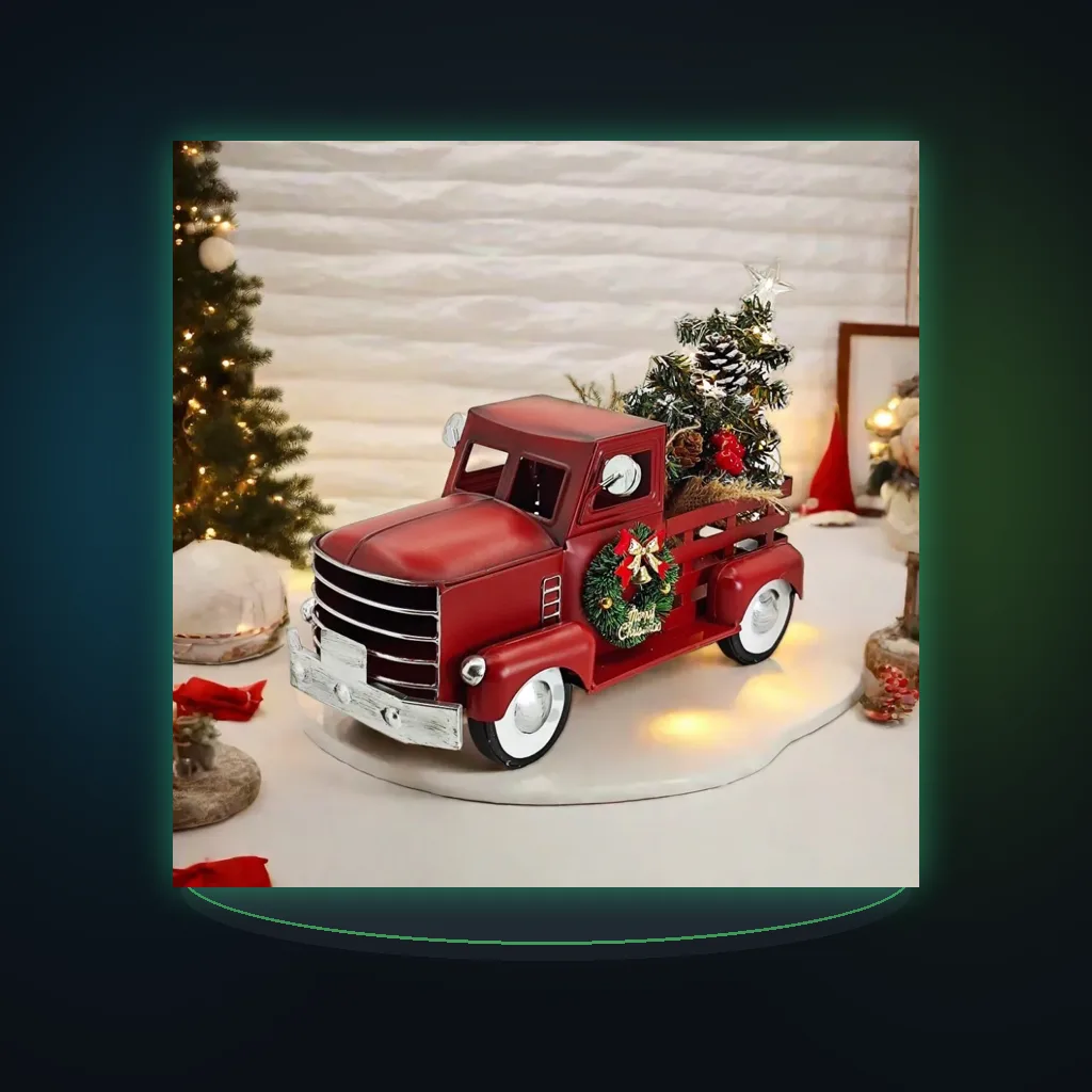 Red Christmas Truck, Warm White Twinkling Lights, Christmas Decorations, Farmhouse Pickup Truck, Truck with Christmas Tree
