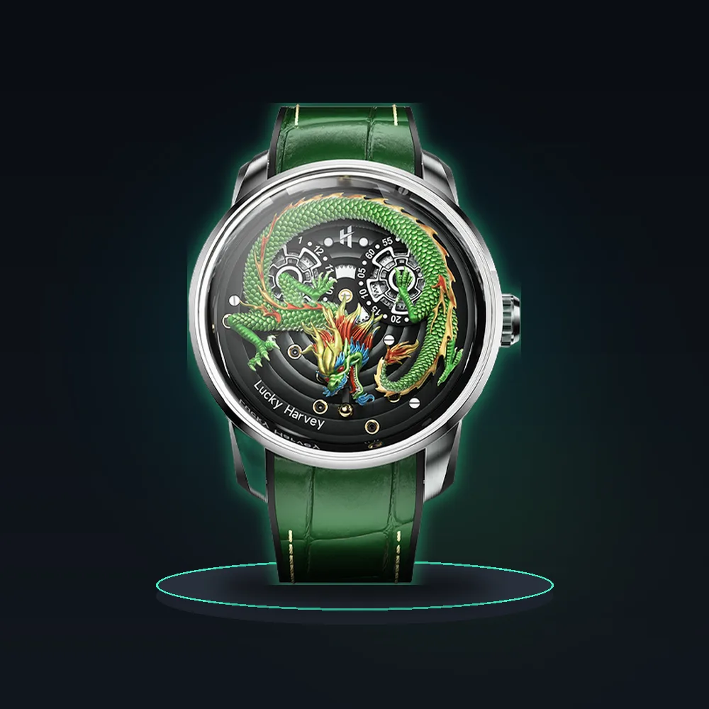 Lucky Harvey 3D Engraving Chinese Dragon Mechanical Watches Mens Automatic Movement Movement Sapphire Waterproof Watches for Men