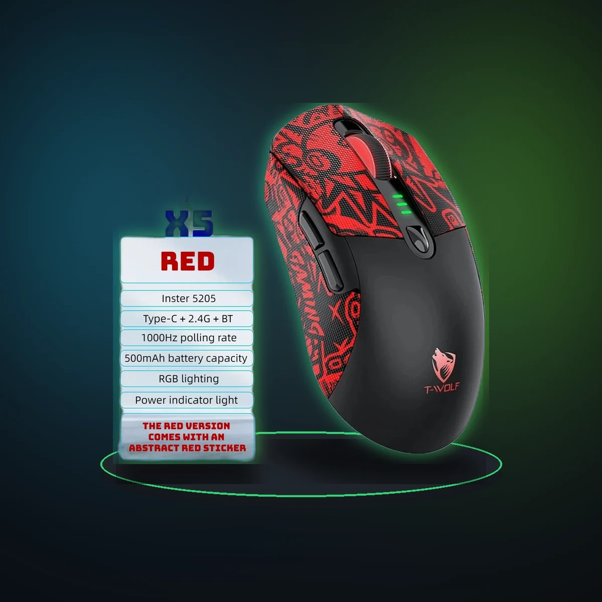 T-WOLF Tri Mode Gaming Mouse Wireless RGB Backlit 12800 DPI 2.4G Bluetooth Type-C Rechargeable Red Ergonomic 1000Hz