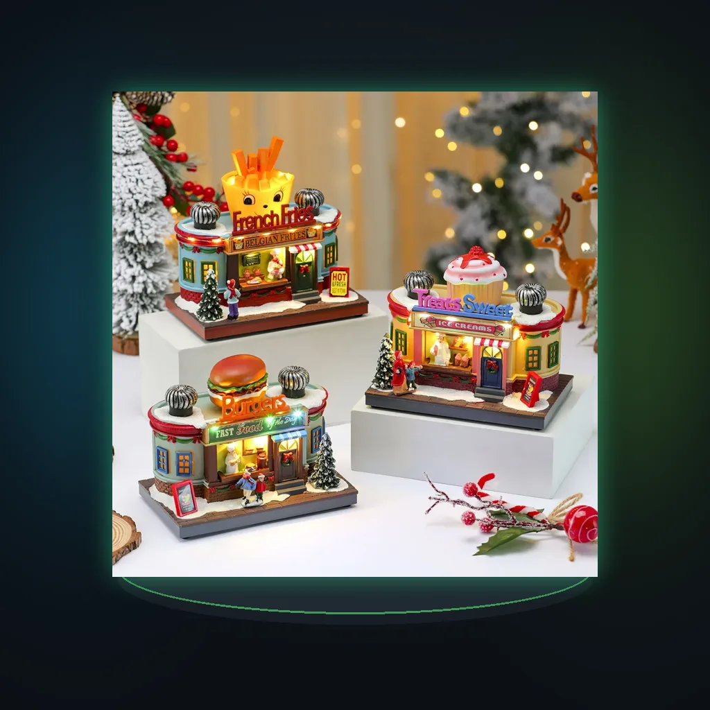 Christmas Rotating Light-Up Music Box Gift French Fries/Burgers/Ice Cream Shop Christmas Party Decorations Xmas Ornaments