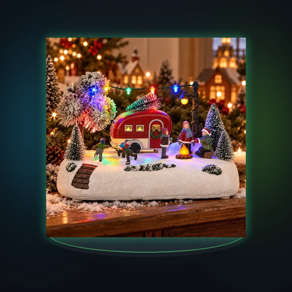 Animated Christmas Village Camper Collection Decor Light Musical Rotating Skating Figures Snowy Winter Tabletop Xmas Ornament