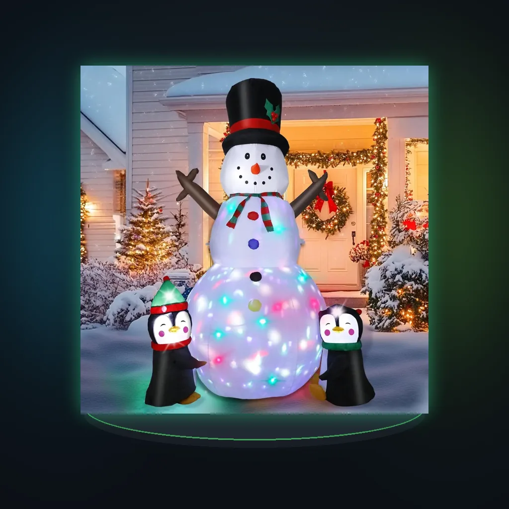 Christmas Inflatable Snowman Outdoor Decorations, Holiday Blow-Up Snowman with Two Penguin Figures, Colorful Rotating Built-In Lights for Xmas Parties, Lawn, Garden, and Yard