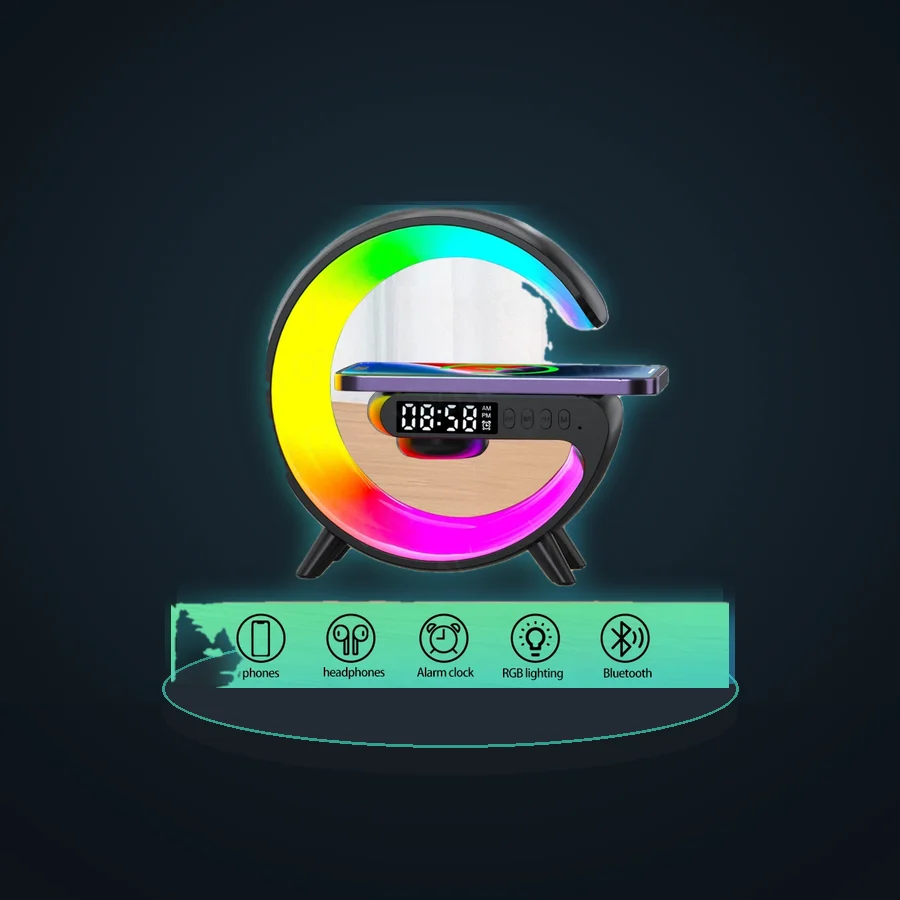 G Shape Bluetooth Speaker Wireless Charger RGB Ambient Light Digital Alarm Clock Bedside Night Lamp for Home Hotel Bedroom Décor