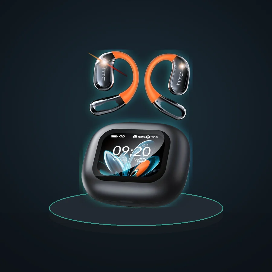 HTC NE27 Wireless Headphones Bluetooth 5.4 AI Translator Earbuds Glowing Earhook Upgraded LCD Touchscreen ENC Noise Reduction