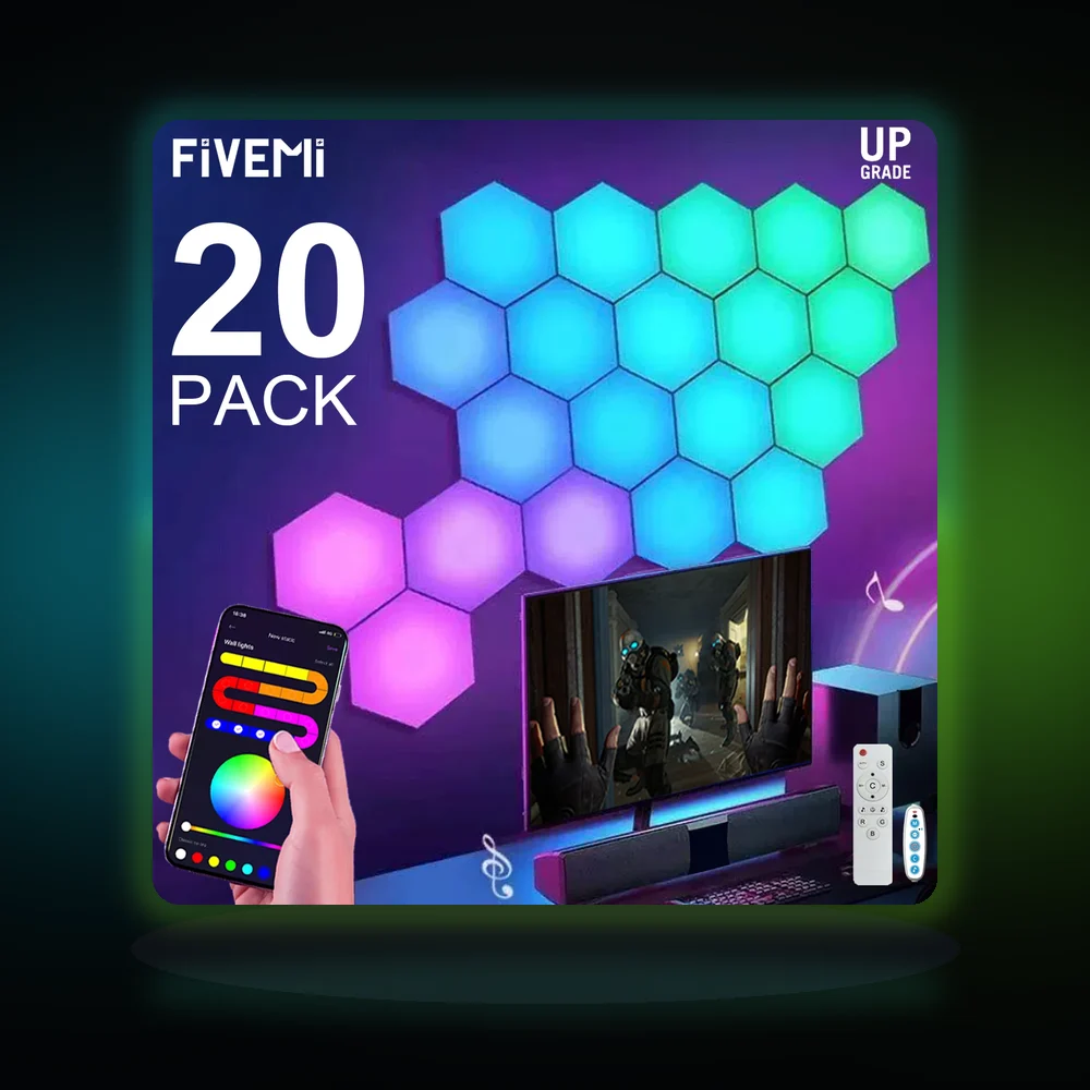 Fivemi RGB Smart Hexagonal Wall Lamp Color Changing Ambient Night Light Hexagonal DYI Music Rhythm APP Control Game Room Bedroom