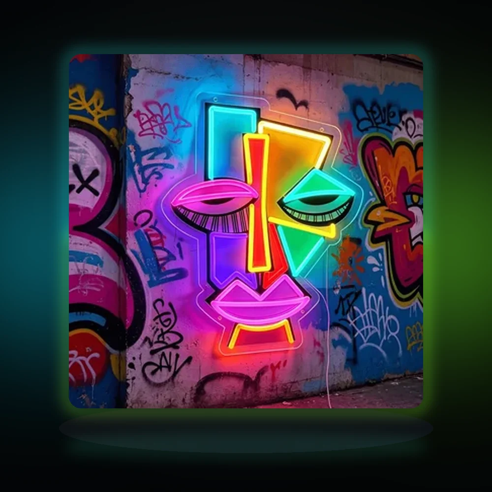 LED Neon Sign Abstract Geometric Face Shape Colorful Street Art Neon Light Wall Decor Lamp for Bar Bedroom Party Man Cave Decoration